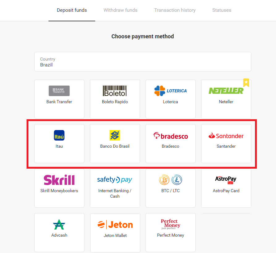 Uplatite sredstva u Binomo putem brazilskog internet bankarstva (Bank Transer, Paylivre, Loterica, Itau, Boleto Rapido) i e-novčanika (Picpay, Astropay, Banco do Brasil, Santander, Bradesco, Neteller, Skrill, WebMoney, Advcash) Uplatite sredstva u Binomo putem brazilskog internet bankarstva (Bank Transer, Paylivre, Loterica, Itau, Boleto Rapido) i e-novčanika (Picpay, Astropay, Banco do Brasil, Santander, Bradesco, Neteller, Skrill, WebMoney, Advcash)