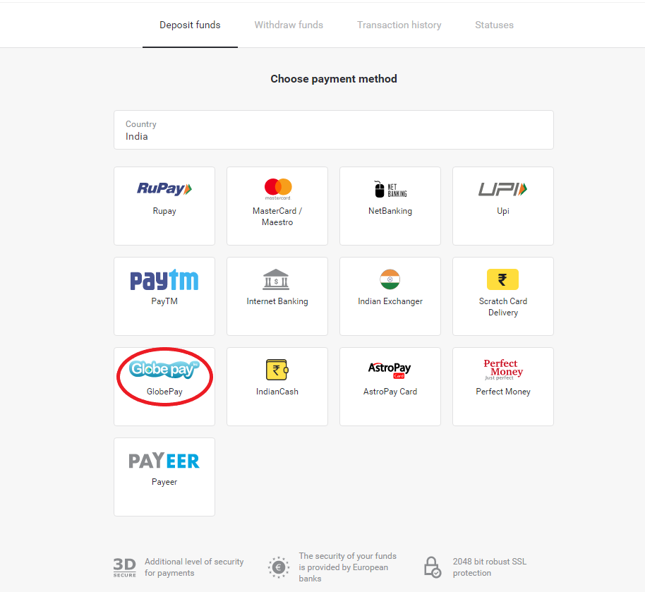 Deposit Funds in Binomo via India Bank Cards (Visa / MasterCard / Rupay), Bank Transfer (Ola Money, NetBanking) and E-wallets (Jio Money, Freecharge, Indian Exchanger, Jeton, PayTM, Globe pay, Perfect Money)