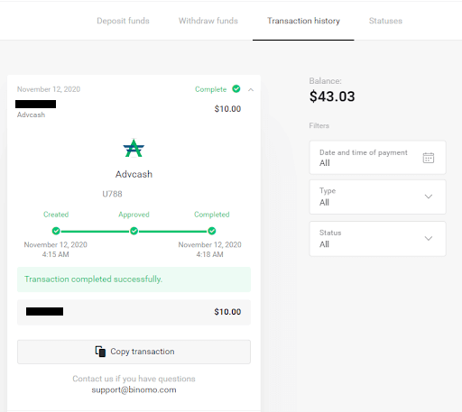 ADV Cash аркылуу Binomo боюнча депозиттик каражаттарды