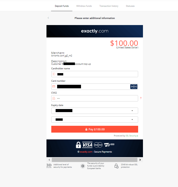 Банк картасы аркылуу Binomo боюнча депозиттик каражаттарды