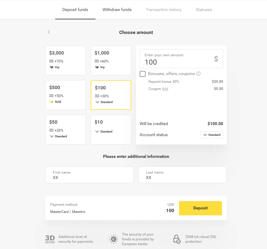 Депонујте средства на Binomo преко банковне картице