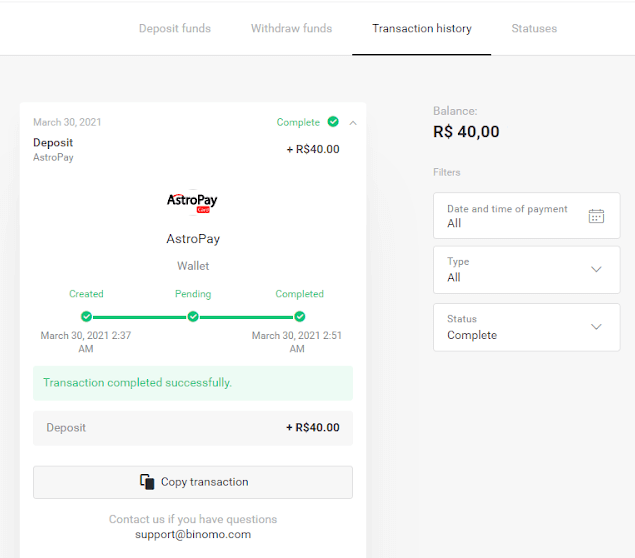 Deposit Funds on Binomo via E-wallets (Webmoney WMZ, Picpay, Neteller, Astropay, Cash U, Skrill, ADV cash, AstroPay Card, Perfect Money) Deposit Funds on Binomo via E-wallets (Webmoney WMZ, Picpay, Neteller, Astropay, Cash U, Skrill, ADV cash, AstroPay Card, Perfect Money)