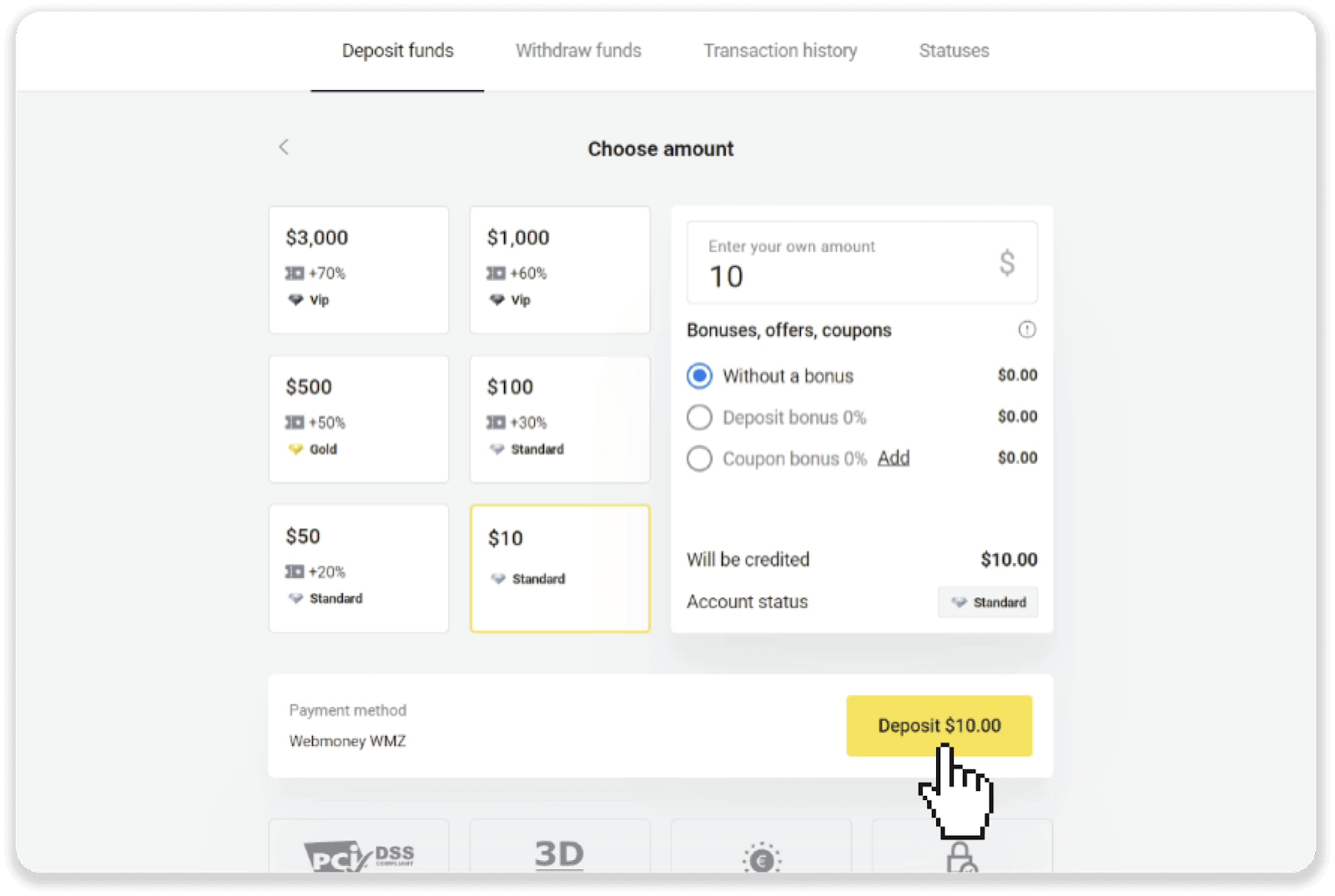 Binomo боюнча акча каражаттарын электрондук капчыктар аркылуу салуу (Webmoney WMZ, Picpay, Neteller, Astropay, Cash U, Skrill, ADV cash, AstroPay Card, Perfect Money)