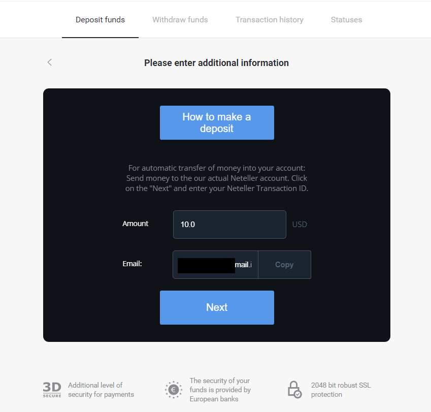 Binomo боюнча акча каражаттарын электрондук капчыктар аркылуу салуу (Webmoney WMZ, Picpay, Neteller, Astropay, Cash U, Skrill, ADV cash, AstroPay Card, Perfect Money)