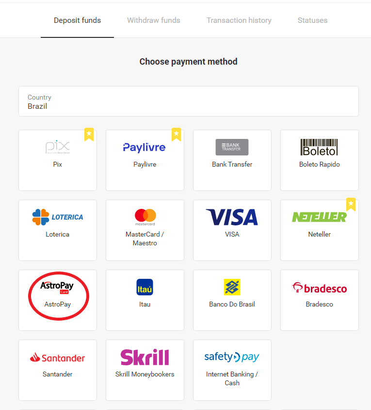 Binomo боюнча акча каражаттарын электрондук капчыктар аркылуу салуу (Webmoney WMZ, Picpay, Neteller, Astropay, Cash U, Skrill, ADV cash, AstroPay Card, Perfect Money)