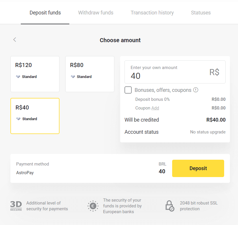 Binomo боюнча акча каражаттарын электрондук капчыктар аркылуу салуу (Webmoney WMZ, Picpay, Neteller, Astropay, Cash U, Skrill, ADV cash, AstroPay Card, Perfect Money)