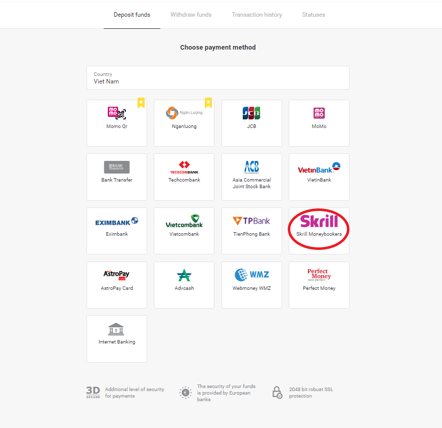 Binomo боюнча акча каражаттарын электрондук капчыктар аркылуу салуу (Webmoney WMZ, Picpay, Neteller, Astropay, Cash U, Skrill, ADV cash, AstroPay Card, Perfect Money)