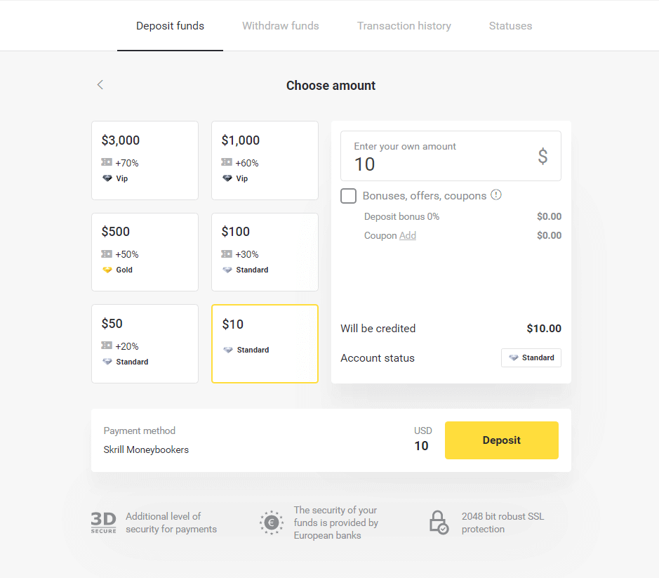 Binomo боюнча акча каражаттарын электрондук капчыктар аркылуу салуу (Webmoney WMZ, Picpay, Neteller, Astropay, Cash U, Skrill, ADV cash, AstroPay Card, Perfect Money)