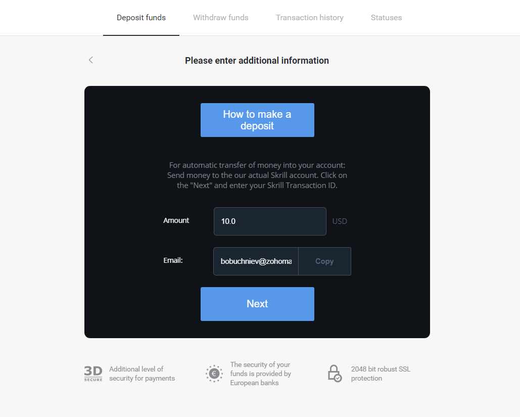 Binomo боюнча акча каражаттарын электрондук капчыктар аркылуу салуу (Webmoney WMZ, Picpay, Neteller, Astropay, Cash U, Skrill, ADV cash, AstroPay Card, Perfect Money)