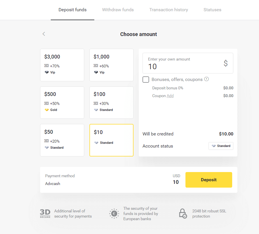 Binomo боюнча акча каражаттарын электрондук капчыктар аркылуу салуу (Webmoney WMZ, Picpay, Neteller, Astropay, Cash U, Skrill, ADV cash, AstroPay Card, Perfect Money)