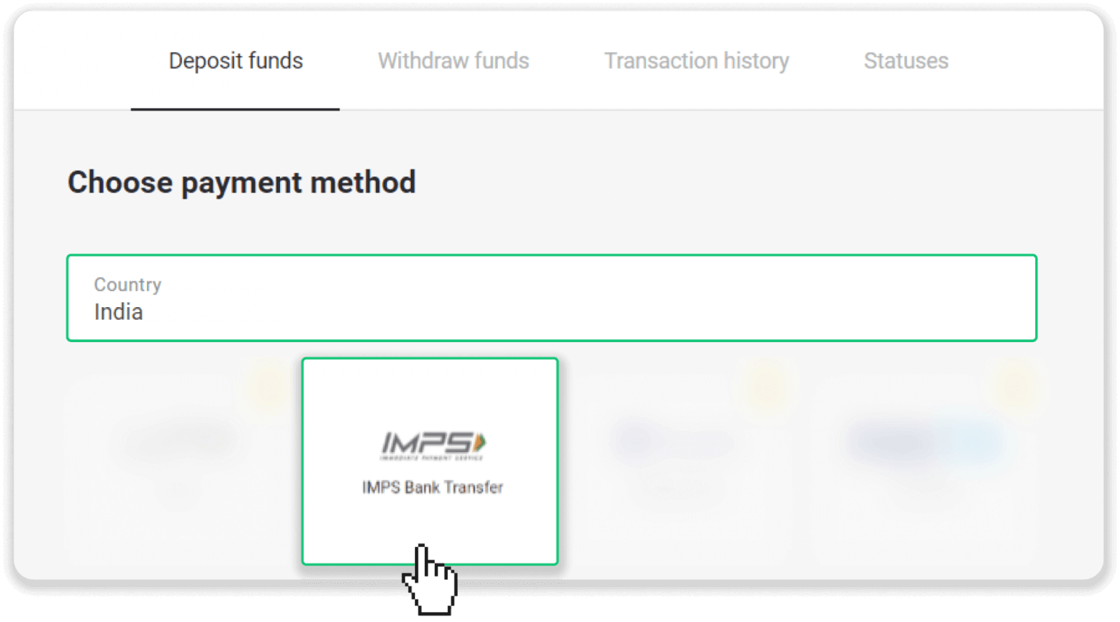 Deposit Funds on Binomo via India Bank Cards (Visa / MasterCard / Rupay), Bank Transfer (IMPS, HDFC Bank, IndusInd Bank, Freecharge, Mobikwik, Ola Money, Airtel, Internet Banking), E-wallets (Jio Money, Jeton, PayTM, UPI) Deposit Funds on Binomo via India Bank Cards (Visa / MasterCard / Rupay), Bank Transfer (IMPS, HDFC Bank, IndusInd Bank, Freecharge, Mobikwik, Ola Money, Airtel, Internet Banking), E-wallets (Jio Money, Jeton, PayTM, UPI)