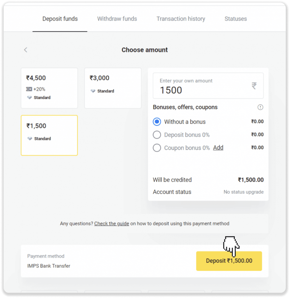 Deposit Funds on Binomo via India Bank Cards (Visa / MasterCard / Rupay), Bank Transfer (IMPS, HDFC Bank, IndusInd Bank, Freecharge, Mobikwik, Ola Money, Airtel, Internet Banking), E-wallets (Jio Money, Jeton, PayTM, UPI) Deposit Funds on Binomo via India Bank Cards (Visa / MasterCard / Rupay), Bank Transfer (IMPS, HDFC Bank, IndusInd Bank, Freecharge, Mobikwik, Ola Money, Airtel, Internet Banking), E-wallets (Jio Money, Jeton, PayTM, UPI)
