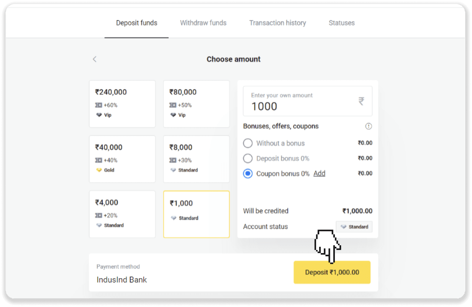 Deposit Funds on Binomo via India Bank Cards (Visa / MasterCard / Rupay), Bank Transfer (IMPS, HDFC Bank, IndusInd Bank, Freecharge, Mobikwik, Ola Money, Airtel, Internet Banking), E-wallets (Jio Money, Jeton, PayTM, UPI) Deposit Funds on Binomo via India Bank Cards (Visa / MasterCard / Rupay), Bank Transfer (IMPS, HDFC Bank, IndusInd Bank, Freecharge, Mobikwik, Ola Money, Airtel, Internet Banking), E-wallets (Jio Money, Jeton, PayTM, UPI)