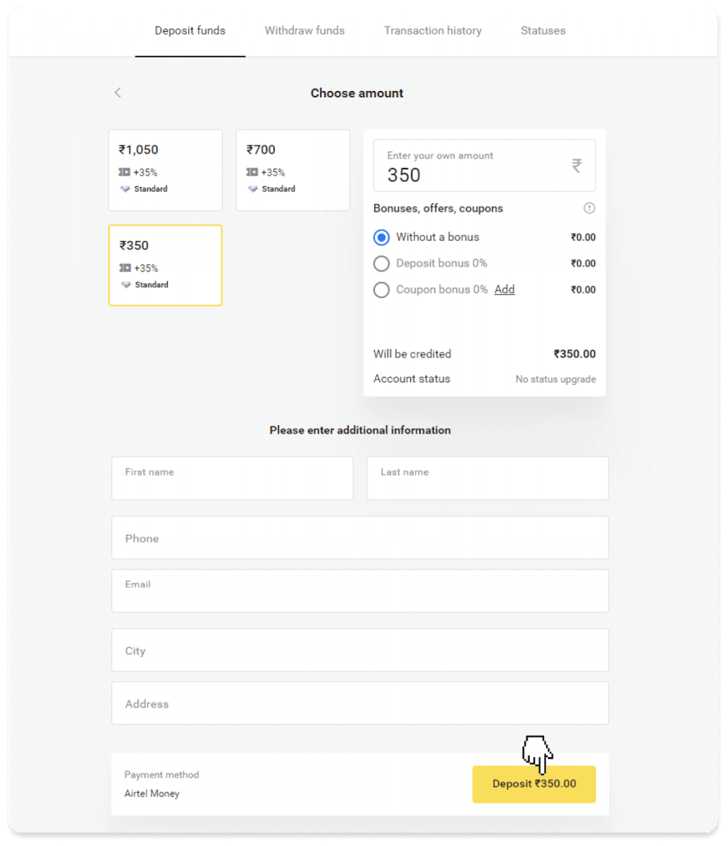 Deposit Funds on Binomo via India Bank Cards (Visa / MasterCard / Rupay), Bank Transfer (IMPS, HDFC Bank, IndusInd Bank, Freecharge, Mobikwik, Ola Money, Airtel, Internet Banking), E-wallets (Jio Money, Jeton, PayTM, UPI) Deposit Funds on Binomo via India Bank Cards (Visa / MasterCard / Rupay), Bank Transfer (IMPS, HDFC Bank, IndusInd Bank, Freecharge, Mobikwik, Ola Money, Airtel, Internet Banking), E-wallets (Jio Money, Jeton, PayTM, UPI)