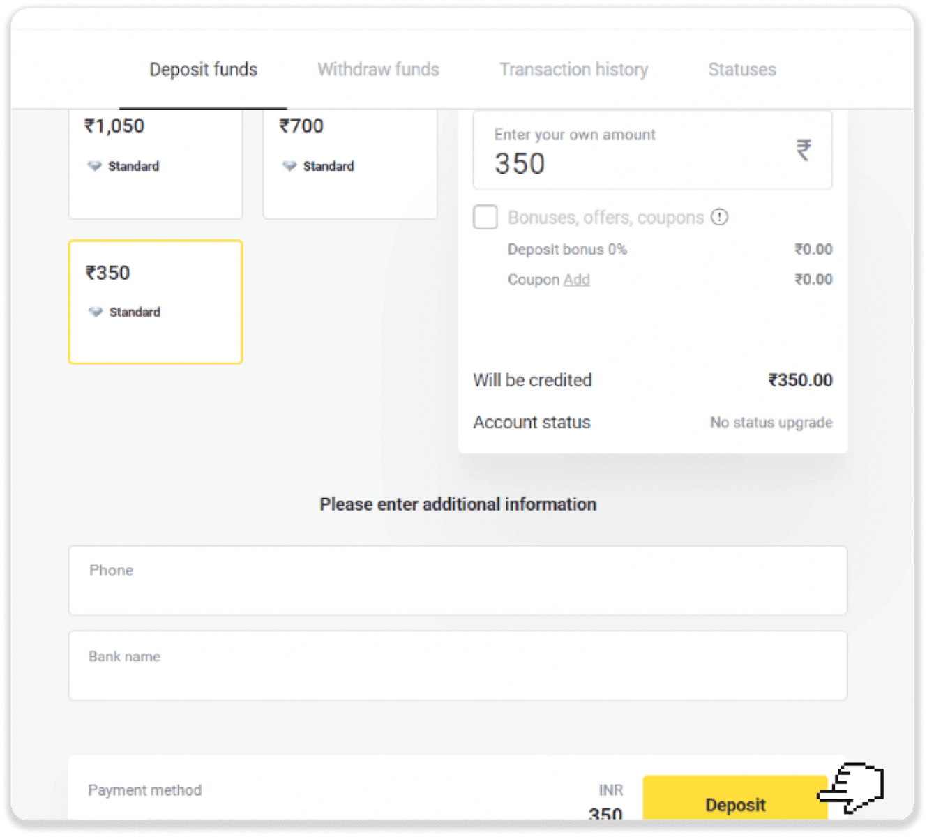 Deposit Funds on Binomo via India Bank Cards (Visa / MasterCard / Rupay), Bank Transfer (IMPS, HDFC Bank, IndusInd Bank, Freecharge, Mobikwik, Ola Money, Airtel, Internet Banking), E-wallets (Jio Money, Jeton, PayTM, UPI) Deposit Funds on Binomo via India Bank Cards (Visa / MasterCard / Rupay), Bank Transfer (IMPS, HDFC Bank, IndusInd Bank, Freecharge, Mobikwik, Ola Money, Airtel, Internet Banking), E-wallets (Jio Money, Jeton, PayTM, UPI)