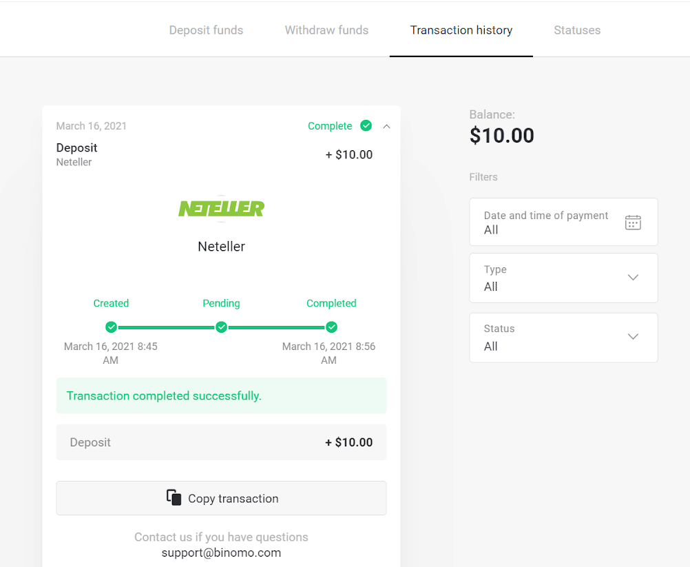 Neteller аркылуу Binomo боюнча депозиттик каражаттарды