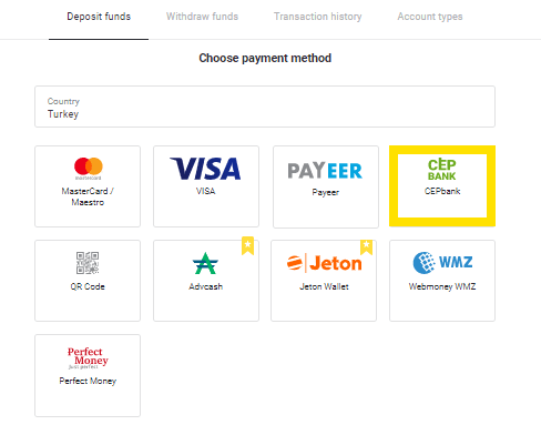 Deposit Funds on Binomo via Turkey Bank Cards (Visa / MasterCard / Maestro), Internet Banking (Bank transfer, CEPbank, QR Code) and E-wallets (Jeton, Payfix, Hizli Papara, Papara) Deposit Funds on Binomo via Turkey Bank Cards (Visa / MasterCard / Maestro), Internet Banking (Bank transfer, CEPbank, QR Code) and E-wallets (Jeton, Payfix, Hizli Papara, Papara)
