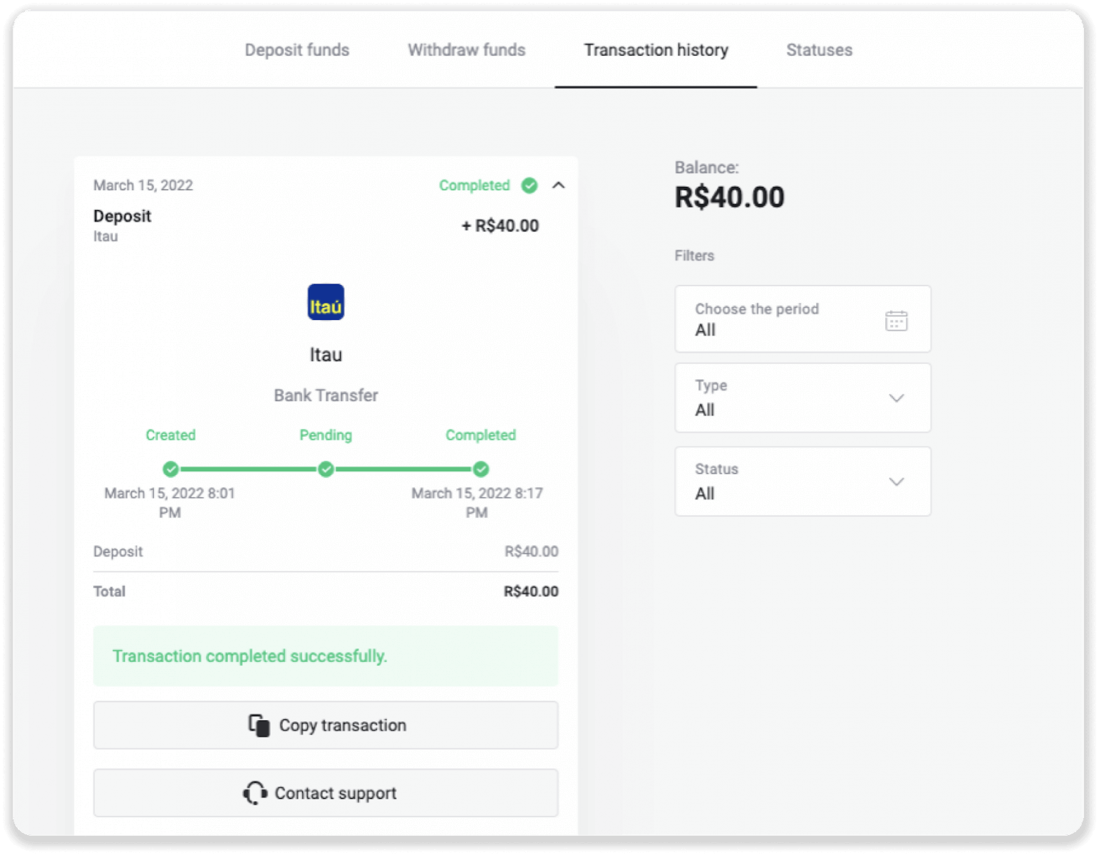 إيداع الأموال عبر التحويل البنكي (Itau، PicPay، Loterica، Boleto Rapido، Paylivre، Pagsmile، Bradesco، Santander) على Binomo إيداع الأموال عبر التحويل البنكي (Itau، PicPay، Loterica، Boleto Rapido، Paylivre، Pagsmile، Bradesco، Santander) على Binomo
