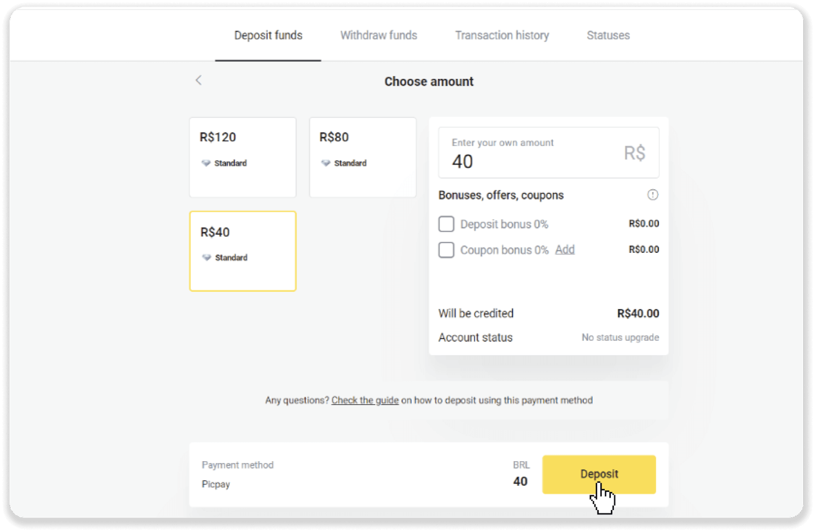 إيداع الأموال عبر التحويل البنكي (Itau، PicPay، Loterica، Boleto Rapido، Paylivre، Pagsmile، Bradesco، Santander) على Binomo إيداع الأموال عبر التحويل البنكي (Itau، PicPay، Loterica، Boleto Rapido، Paylivre، Pagsmile، Bradesco، Santander) على Binomo