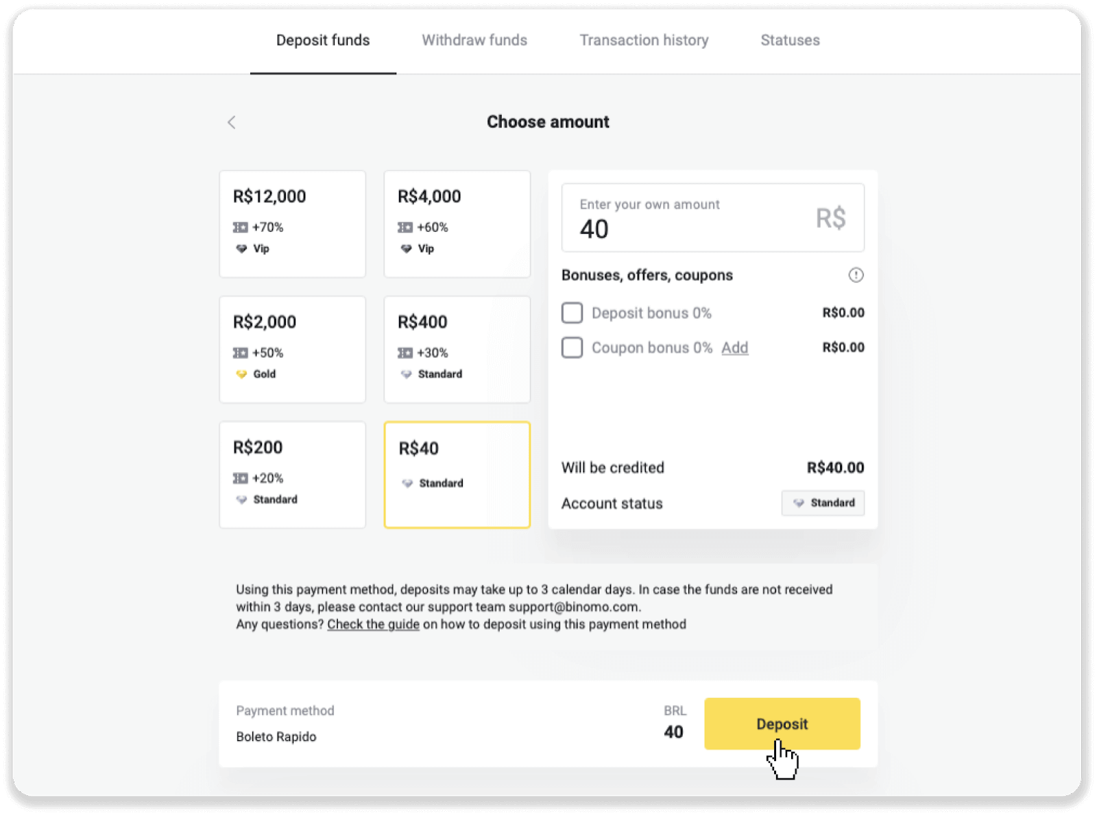 إيداع الأموال عبر التحويل البنكي (Itau، PicPay، Loterica، Boleto Rapido، Paylivre، Pagsmile، Bradesco، Santander) على Binomo إيداع الأموال عبر التحويل البنكي (Itau، PicPay، Loterica، Boleto Rapido، Paylivre، Pagsmile، Bradesco، Santander) على Binomo