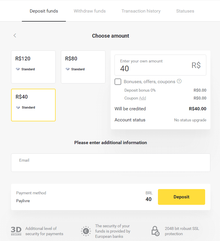 إيداع الأموال عبر التحويل البنكي (Itau، PicPay، Loterica، Boleto Rapido، Paylivre، Pagsmile، Bradesco، Santander) على Binomo إيداع الأموال عبر التحويل البنكي (Itau، PicPay، Loterica، Boleto Rapido، Paylivre، Pagsmile، Bradesco، Santander) على Binomo