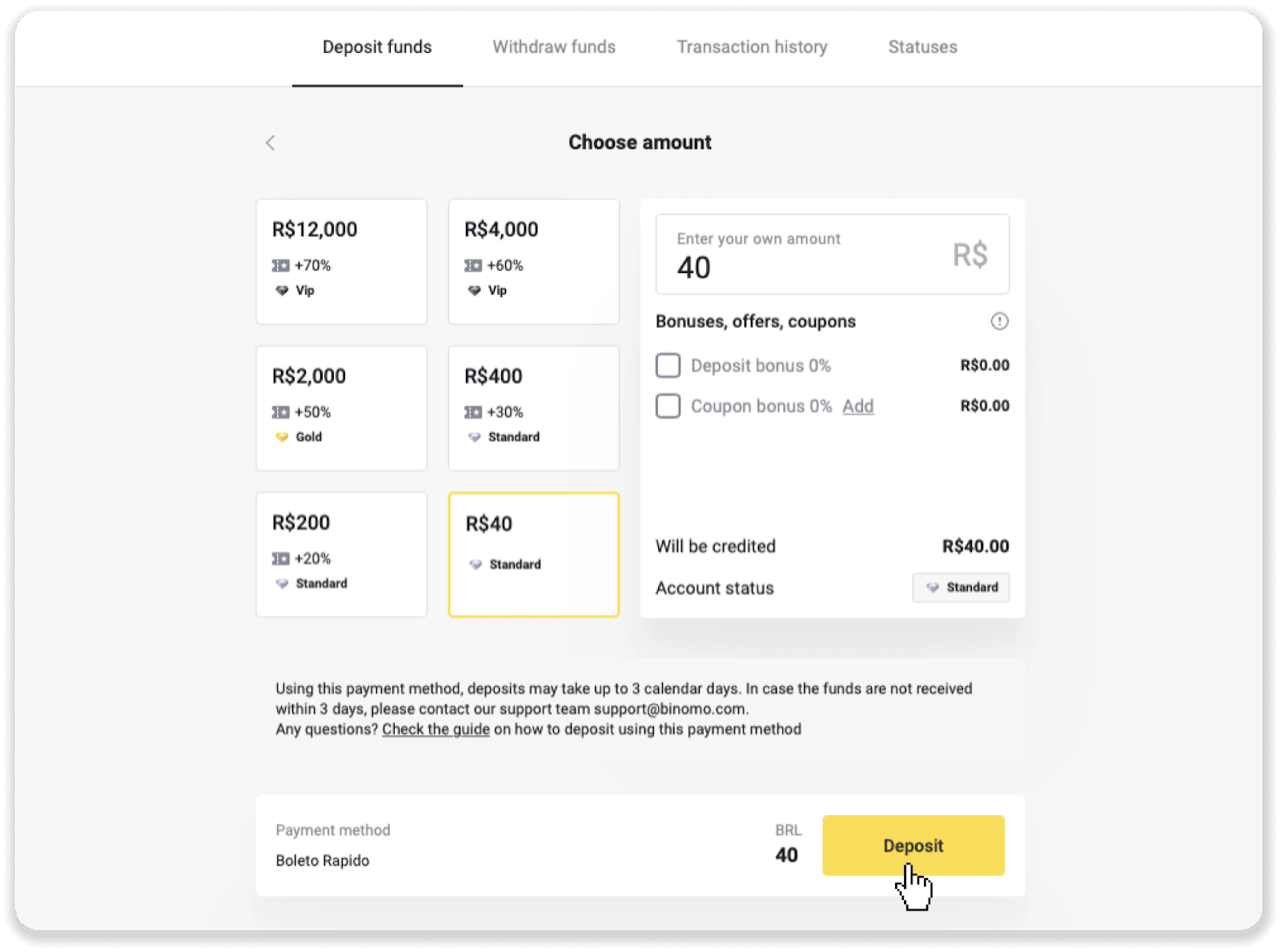 إيداع الأموال عبر التحويل البنكي (Itau، PicPay، Loterica، Boleto Rapido، Paylivre، Pagsmile، Bradesco، Santander) على Binomo إيداع الأموال عبر التحويل البنكي (Itau، PicPay، Loterica، Boleto Rapido، Paylivre، Pagsmile، Bradesco، Santander) على Binomo