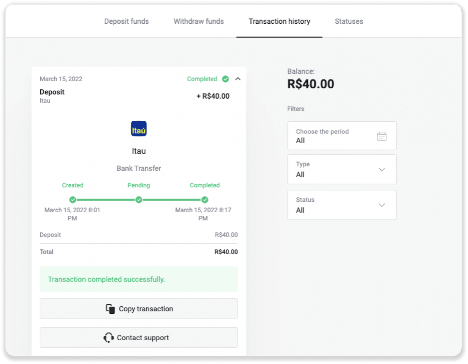 إيداع الأموال عبر التحويل البنكي (Itau، PicPay، Loterica، Boleto Rapido، Paylivre، Pagsmile، Bradesco، Santander) على Binomo إيداع الأموال عبر التحويل البنكي (Itau، PicPay، Loterica، Boleto Rapido، Paylivre، Pagsmile، Bradesco، Santander) على Binomo