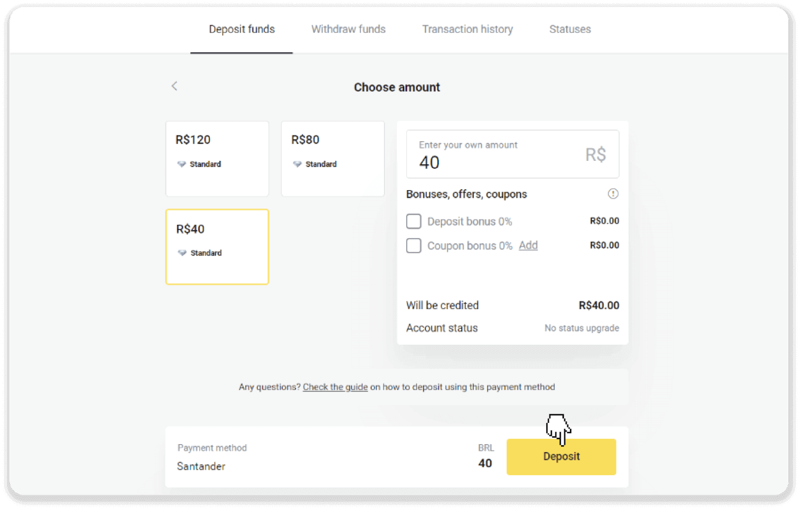 إيداع الأموال عبر التحويل البنكي (Itau، PicPay، Loterica، Boleto Rapido، Paylivre، Pagsmile، Bradesco، Santander) على Binomo إيداع الأموال عبر التحويل البنكي (Itau، PicPay، Loterica، Boleto Rapido، Paylivre، Pagsmile، Bradesco، Santander) على Binomo